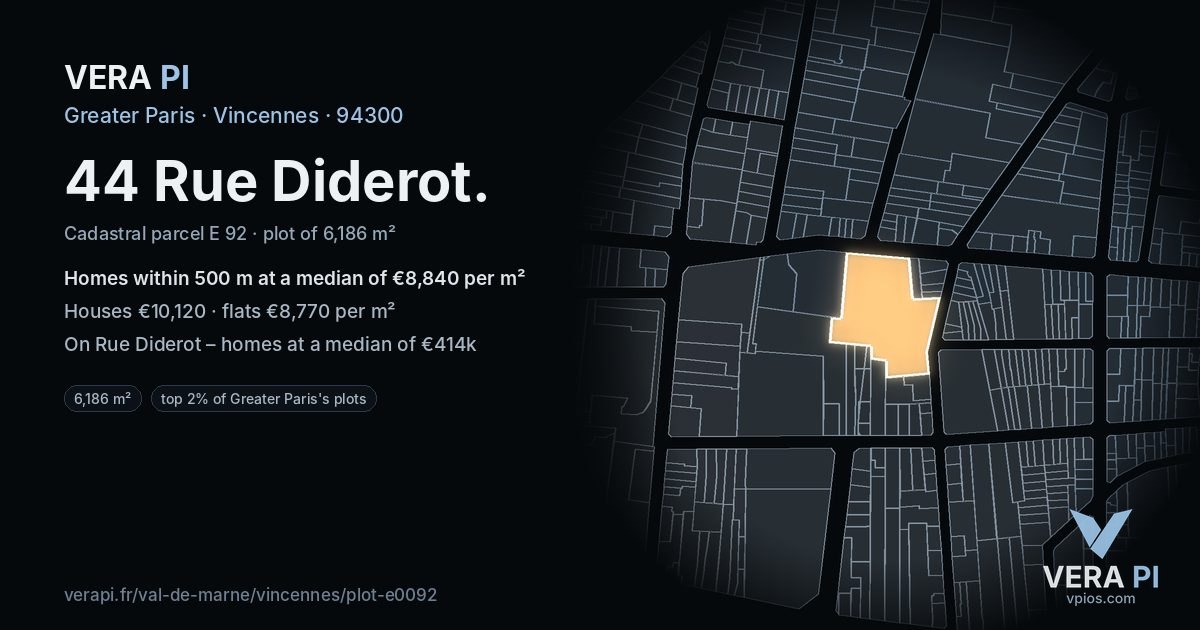 44 Rue Diderot, Vincennes at night – the plot lit, the parcels around coloured by the prices near them