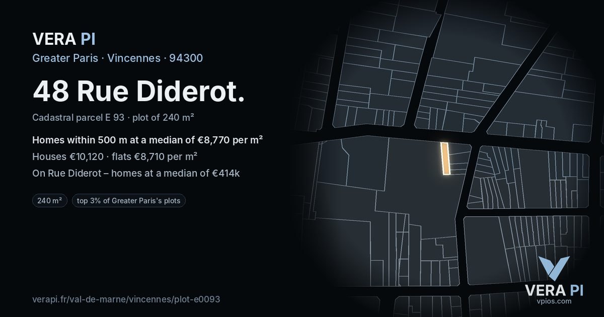 48 Rue Diderot, Vincennes at night – the plot lit, the parcels around coloured by the prices near them