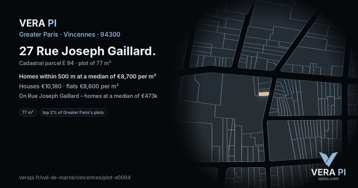 27 Rue Joseph Gaillard, Vincennes at night – the plot lit, the parcels around coloured by the prices near them