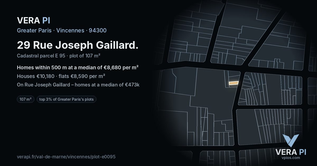 29 Rue Joseph Gaillard, Vincennes at night – the plot lit, the parcels around coloured by the prices near them