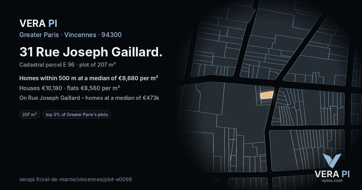 31 Rue Joseph Gaillard, Vincennes at night – the plot lit, the parcels around coloured by the prices near them