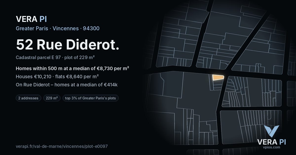 52 Rue Diderot, Vincennes at night – the plot lit, the parcels around coloured by the prices near them