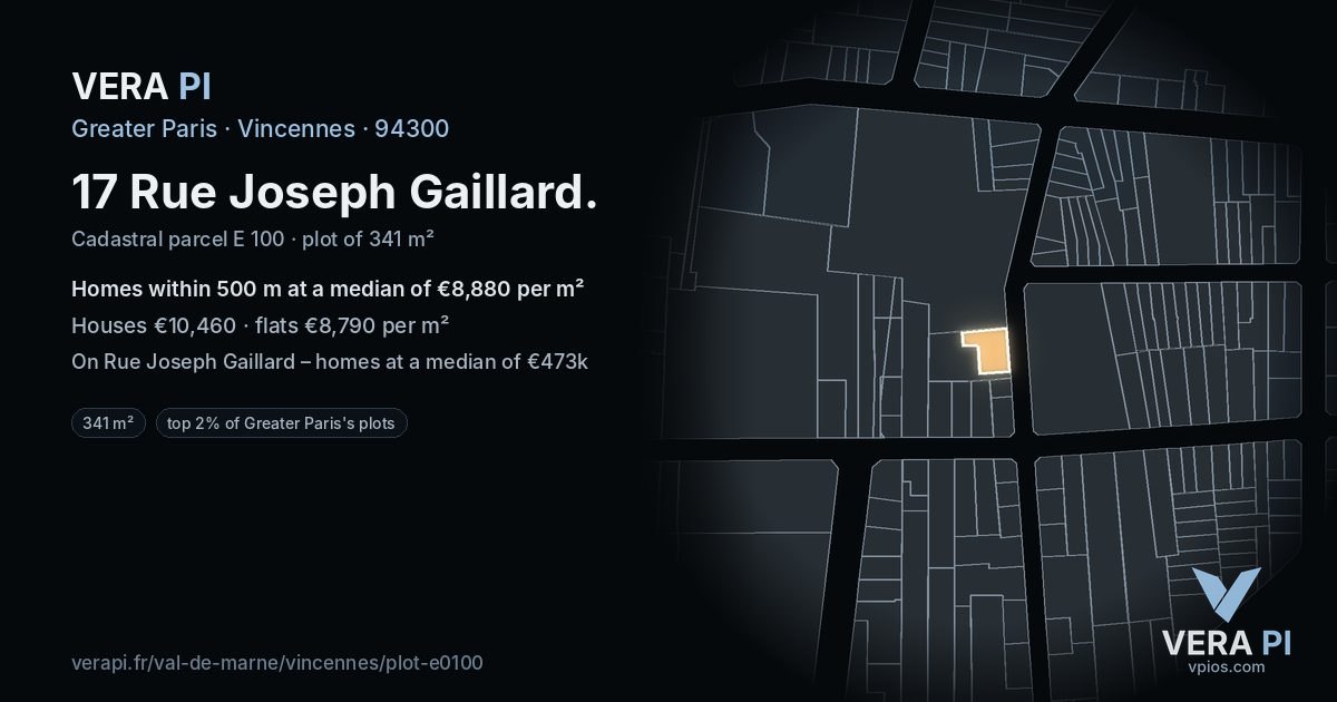 17 Rue Joseph Gaillard, Vincennes at night – the plot lit, the parcels around coloured by the prices near them