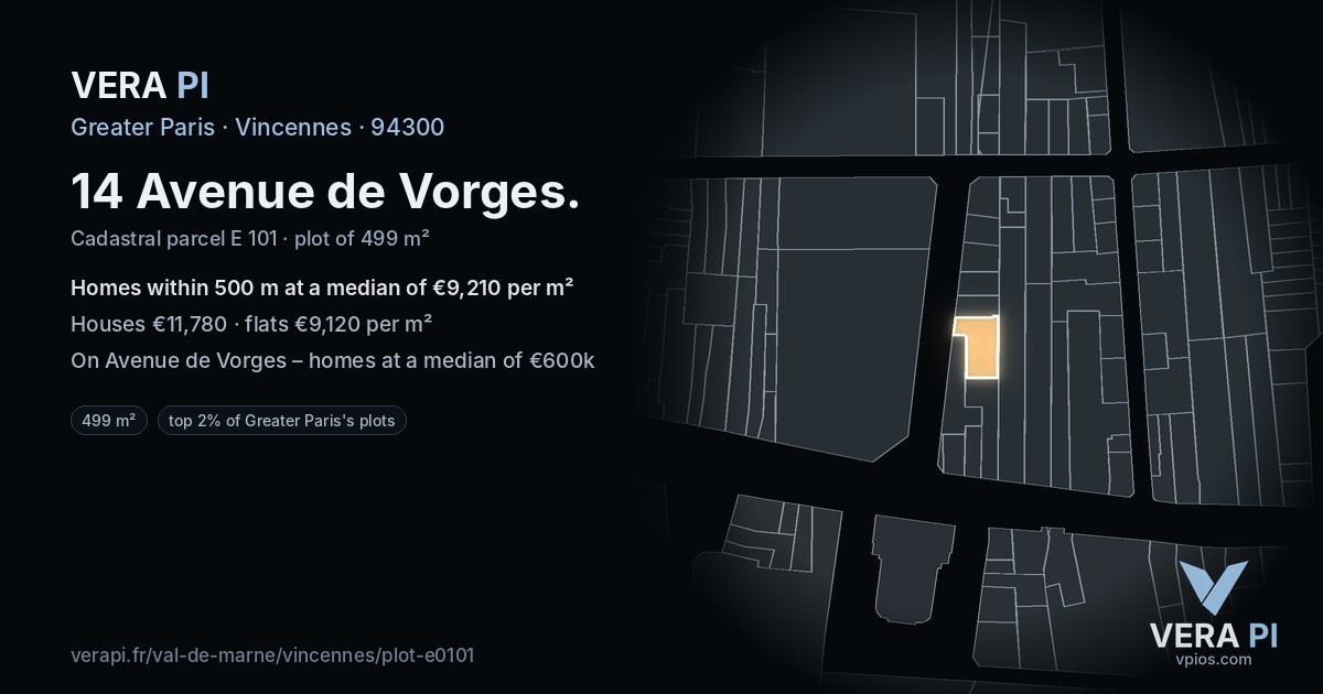 14 Avenue de Vorges, Vincennes at night – the plot lit, the parcels around coloured by the prices near them