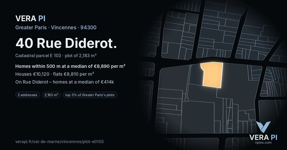 40 Rue Diderot, Vincennes at night – the plot lit, the parcels around coloured by the prices near them
