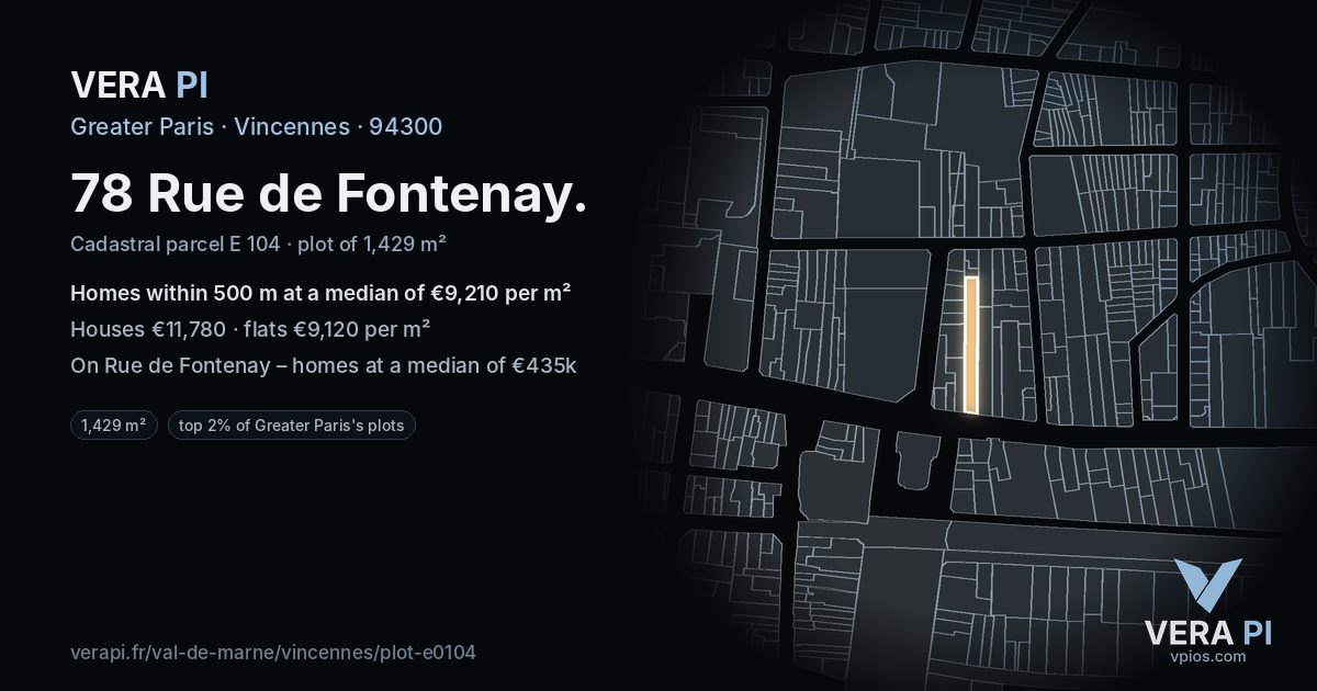 78 Rue de Fontenay, Vincennes at night – the plot lit, the parcels around coloured by the prices near them
