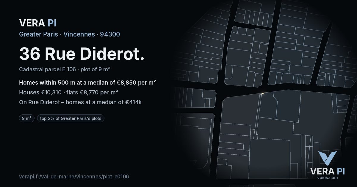 36 Rue Diderot, Vincennes at night – the plot lit, the parcels around coloured by the prices near them