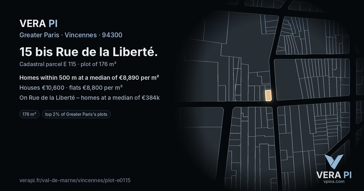 15 bis Rue de la Liberté, Vincennes at night – the plot lit, the parcels around coloured by the prices near them