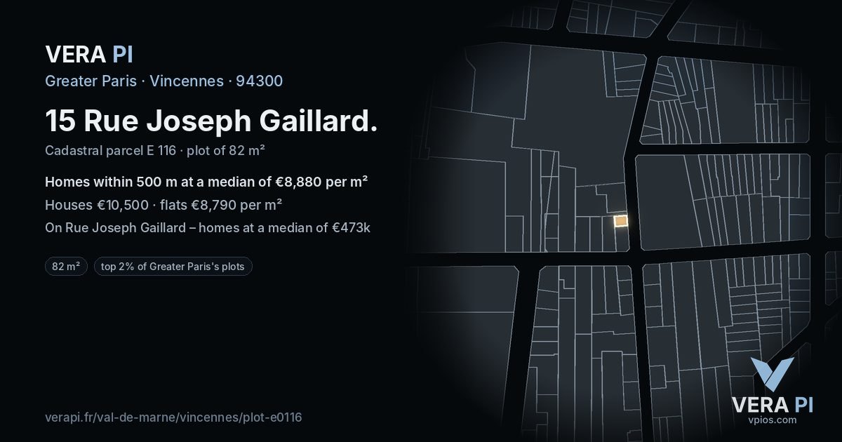 15 Rue Joseph Gaillard, Vincennes at night – the plot lit, the parcels around coloured by the prices near them