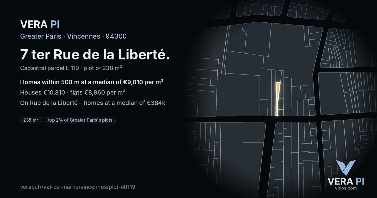 7 ter Rue de la Liberté, Vincennes at night – the plot lit, the parcels around coloured by the prices near them