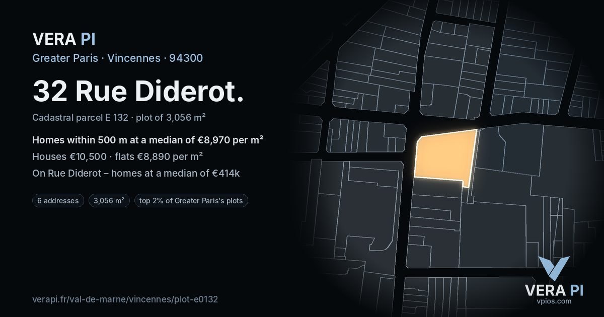 32 Rue Diderot, Vincennes at night – the plot lit, the parcels around coloured by the prices near them