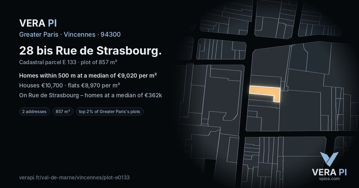 28 bis Rue de Strasbourg, Vincennes at night – the plot lit, the parcels around coloured by the prices near them