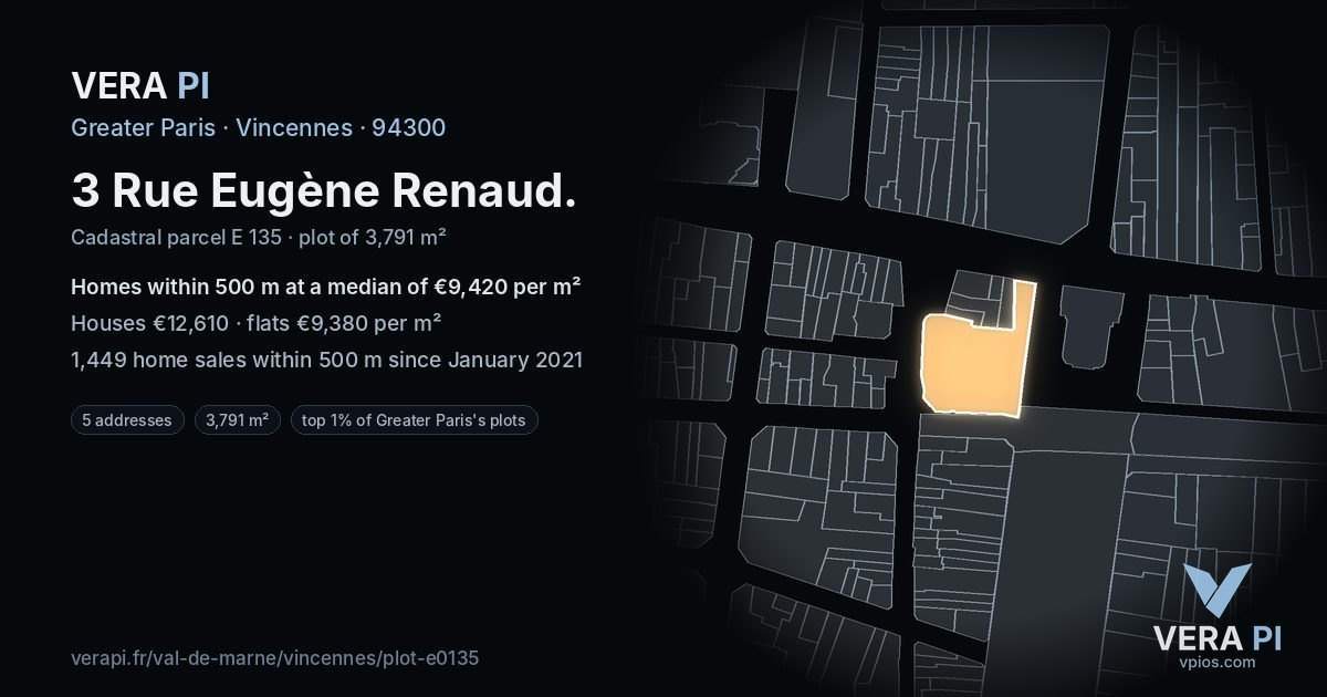 3 Rue Eugène Renaud, Vincennes at night – the plot lit, the parcels around coloured by the prices near them