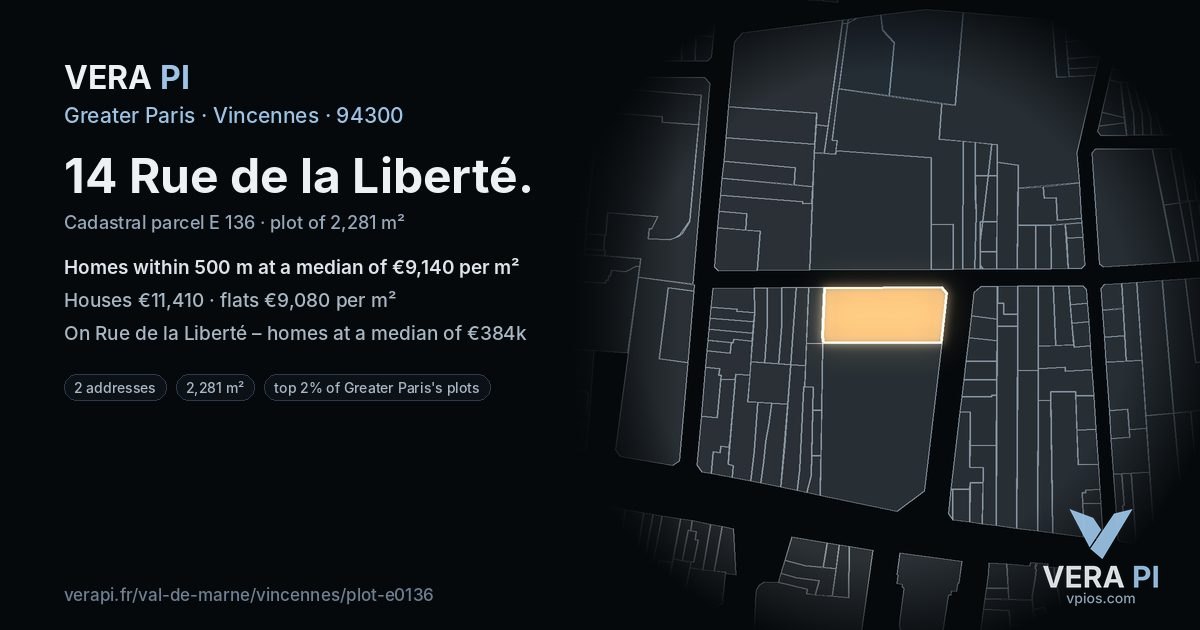 14 Rue de la Liberté, Vincennes at night – the plot lit, the parcels around coloured by the prices near them