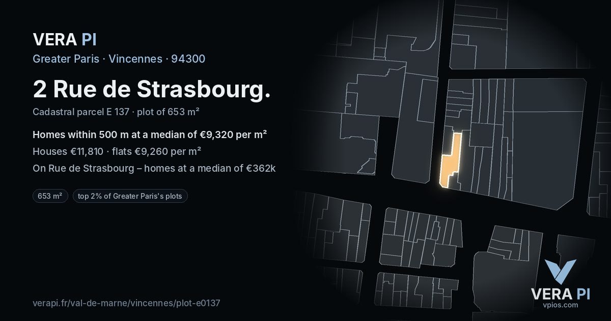 2 Rue de Strasbourg, Vincennes at night – the plot lit, the parcels around coloured by the prices near them