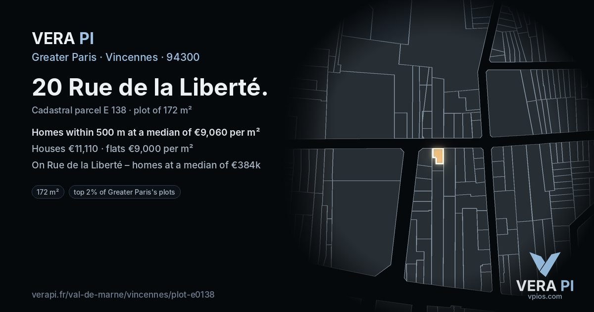 20 Rue de la Liberté, Vincennes at night – the plot lit, the parcels around coloured by the prices near them