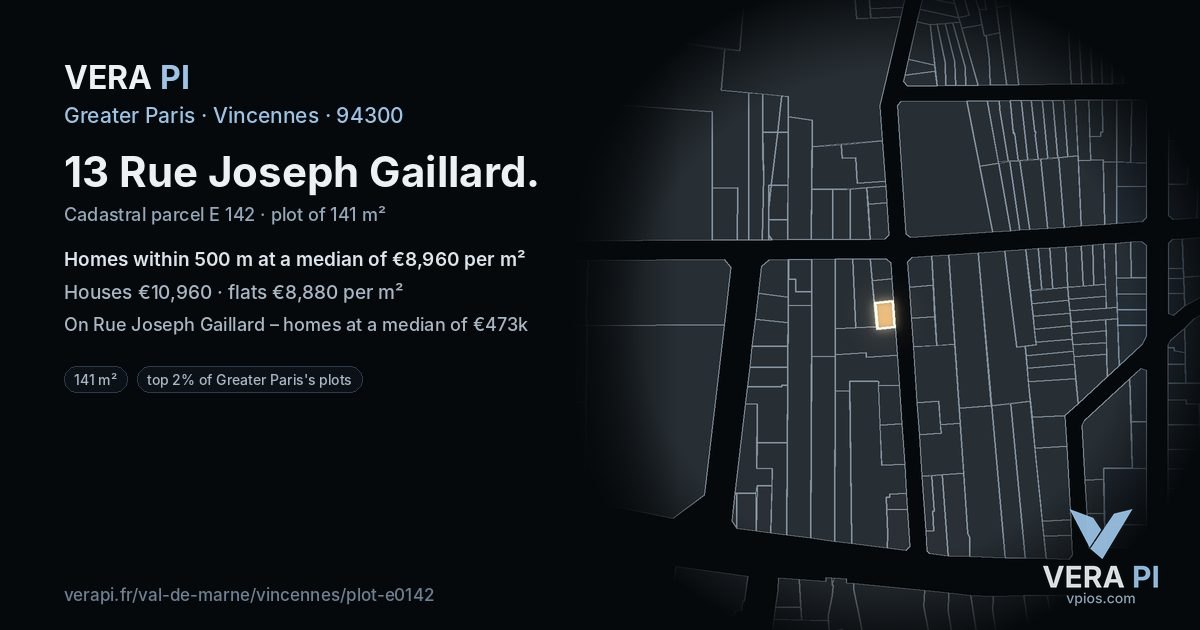13 Rue Joseph Gaillard, Vincennes at night – the plot lit, the parcels around coloured by the prices near them