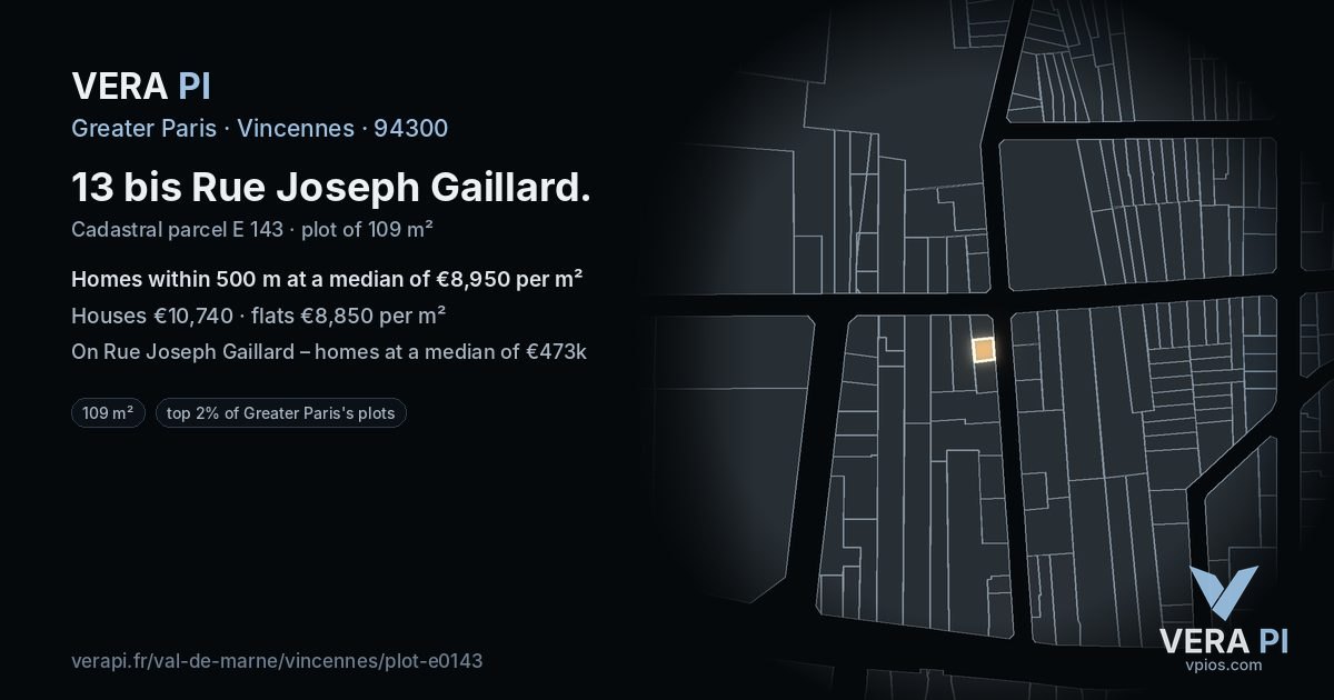 13 bis Rue Joseph Gaillard, Vincennes at night – the plot lit, the parcels around coloured by the prices near them