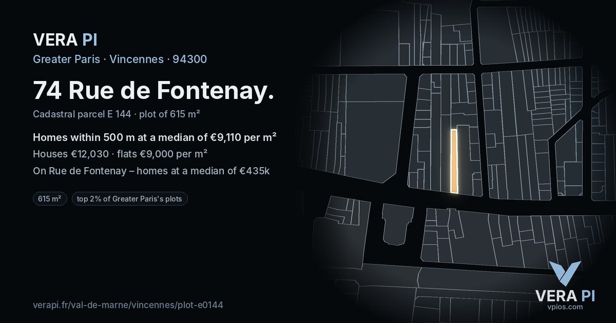 74 Rue de Fontenay, Vincennes at night – the plot lit, the parcels around coloured by the prices near them