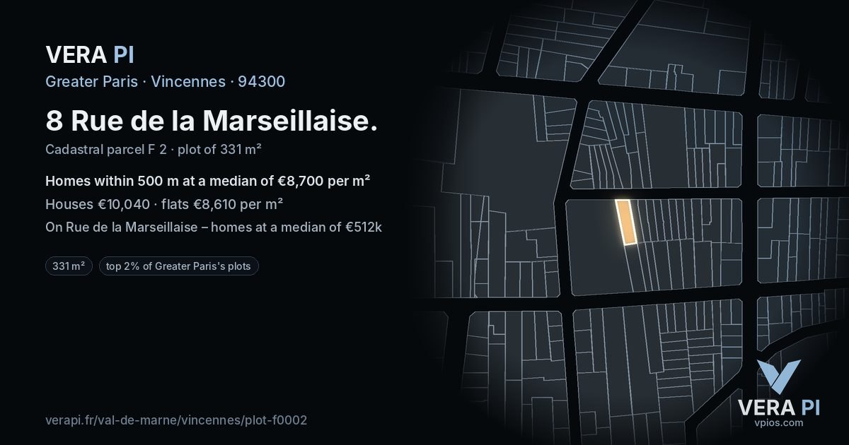8 Rue de la Marseillaise, Vincennes at night – the plot lit, the parcels around coloured by the prices near them