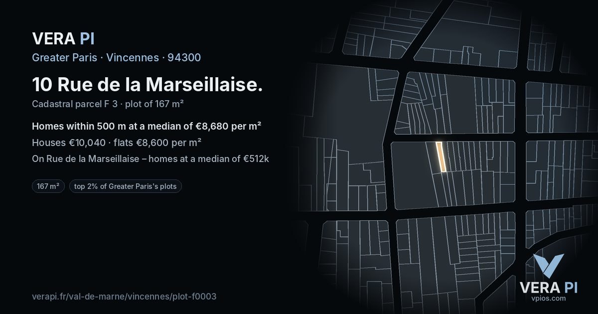 10 Rue de la Marseillaise, Vincennes at night – the plot lit, the parcels around coloured by the prices near them