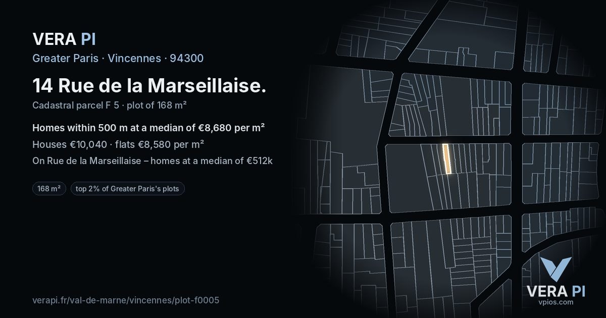 14 Rue de la Marseillaise, Vincennes at night – the plot lit, the parcels around coloured by the prices near them