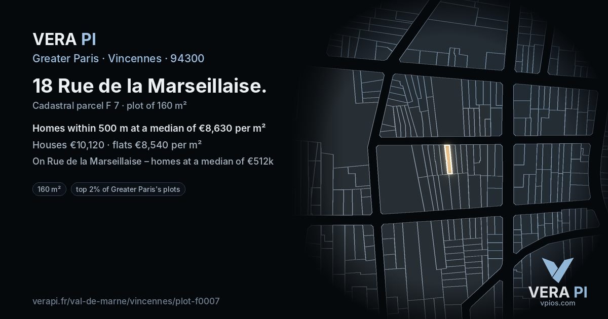 18 Rue de la Marseillaise, Vincennes at night – the plot lit, the parcels around coloured by the prices near them