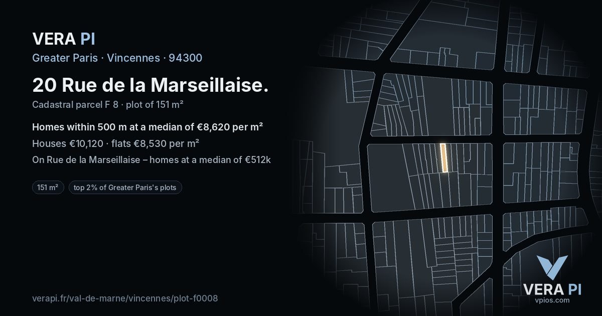20 Rue de la Marseillaise, Vincennes at night – the plot lit, the parcels around coloured by the prices near them