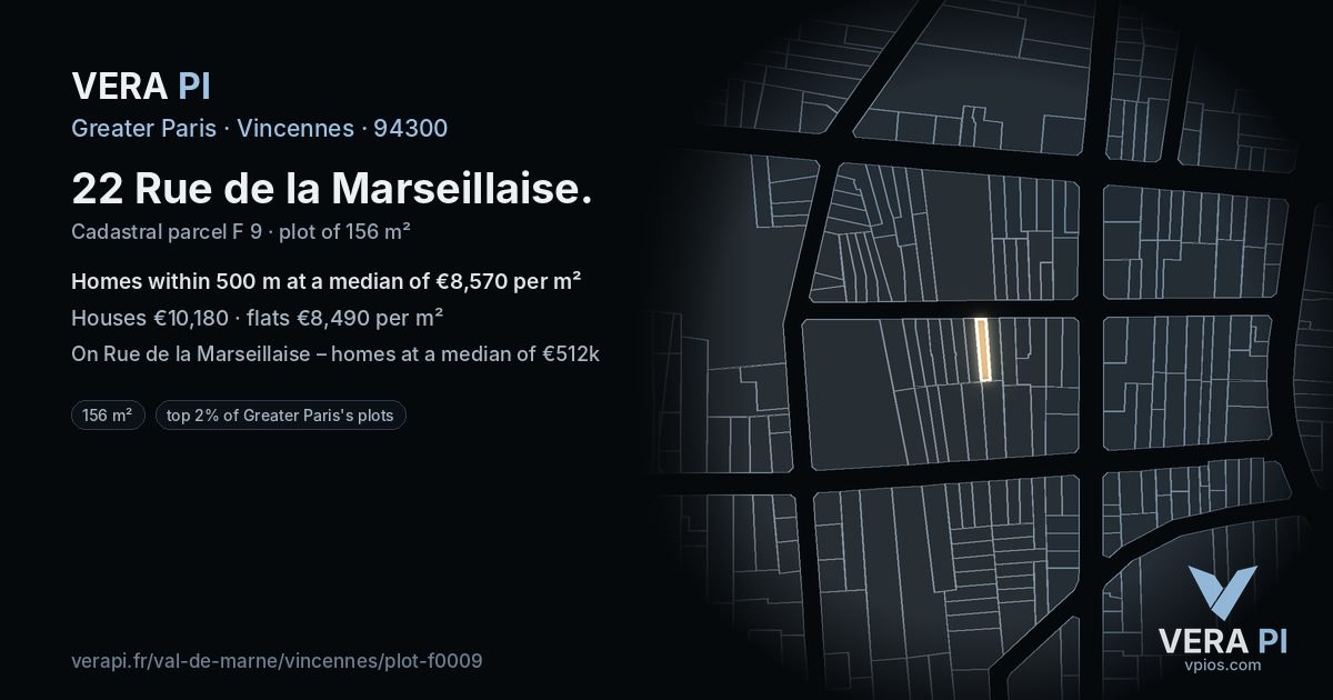 22 Rue de la Marseillaise, Vincennes at night – the plot lit, the parcels around coloured by the prices near them