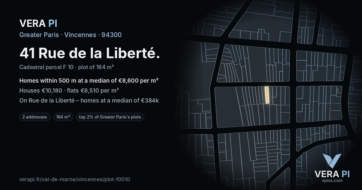 41 Rue de la Liberté, Vincennes at night – the plot lit, the parcels around coloured by the prices near them