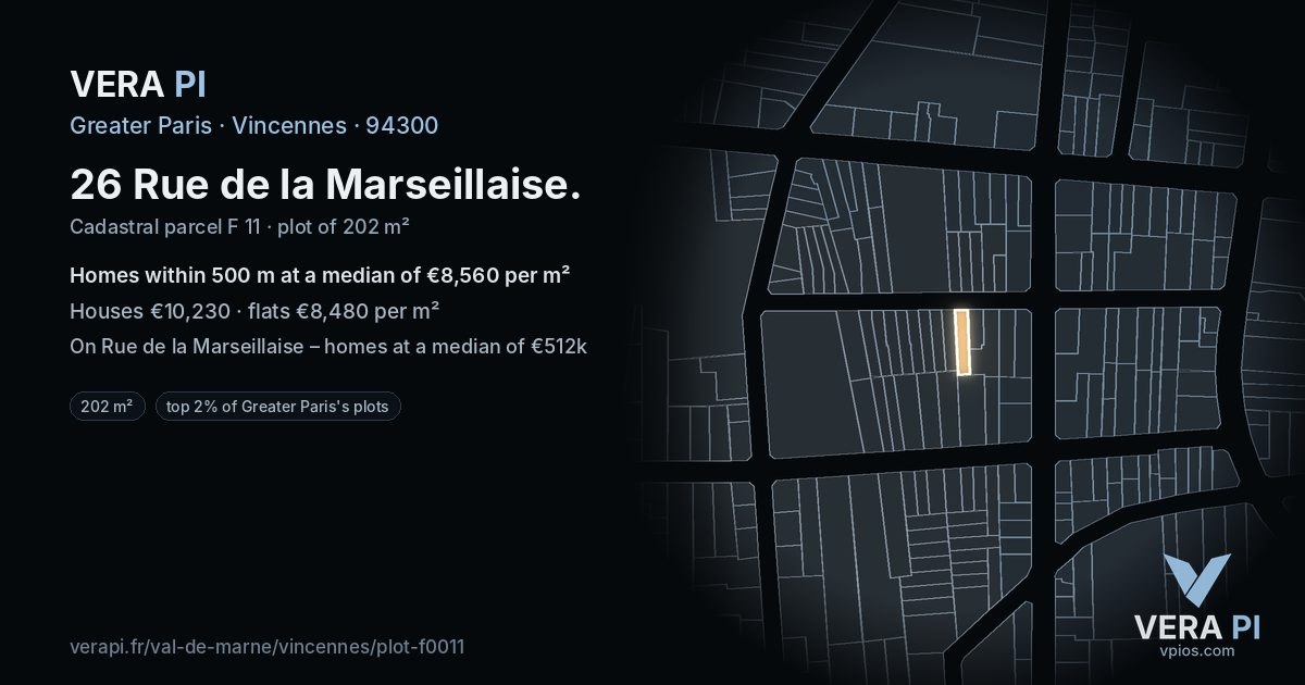 26 Rue de la Marseillaise, Vincennes at night – the plot lit, the parcels around coloured by the prices near them