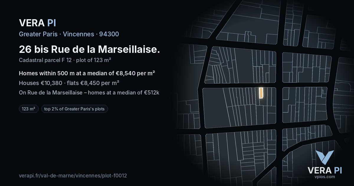 26 bis Rue de la Marseillaise, Vincennes at night – the plot lit, the parcels around coloured by the prices near them