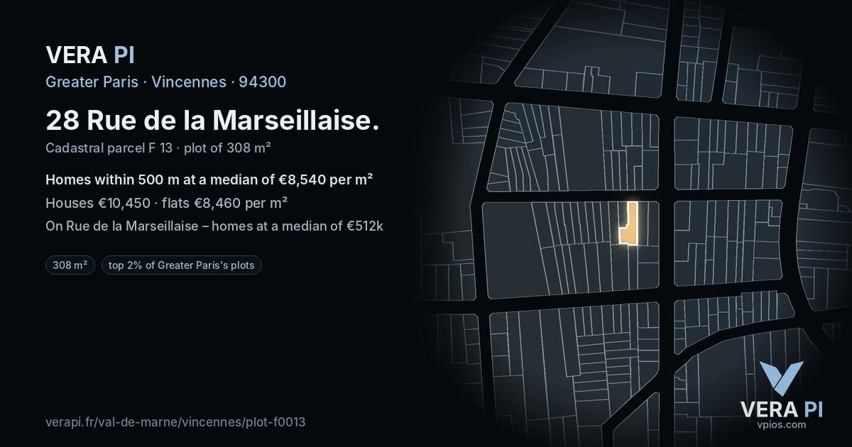28 Rue de la Marseillaise, Vincennes at night – the plot lit, the parcels around coloured by the prices near them