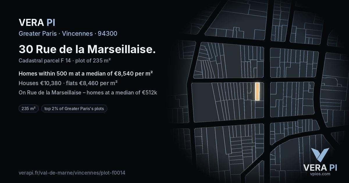 30 Rue de la Marseillaise, Vincennes at night – the plot lit, the parcels around coloured by the prices near them