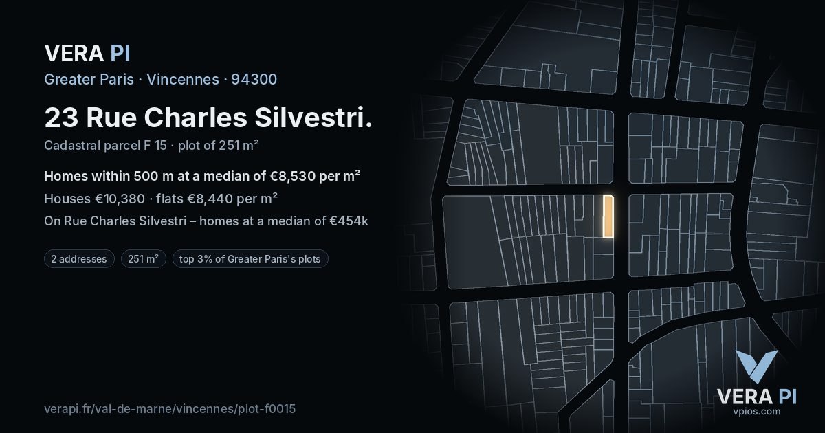 23 Rue Charles Silvestri, Vincennes at night – the plot lit, the parcels around coloured by the prices near them