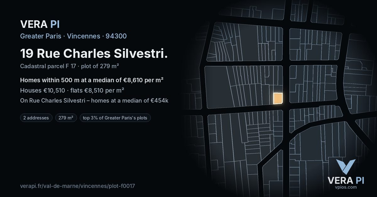 19 Rue Charles Silvestri, Vincennes at night – the plot lit, the parcels around coloured by the prices near them