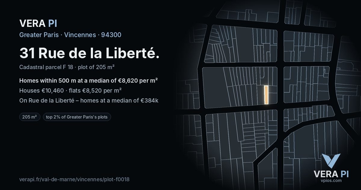 31 Rue de la Liberté, Vincennes at night – the plot lit, the parcels around coloured by the prices near them