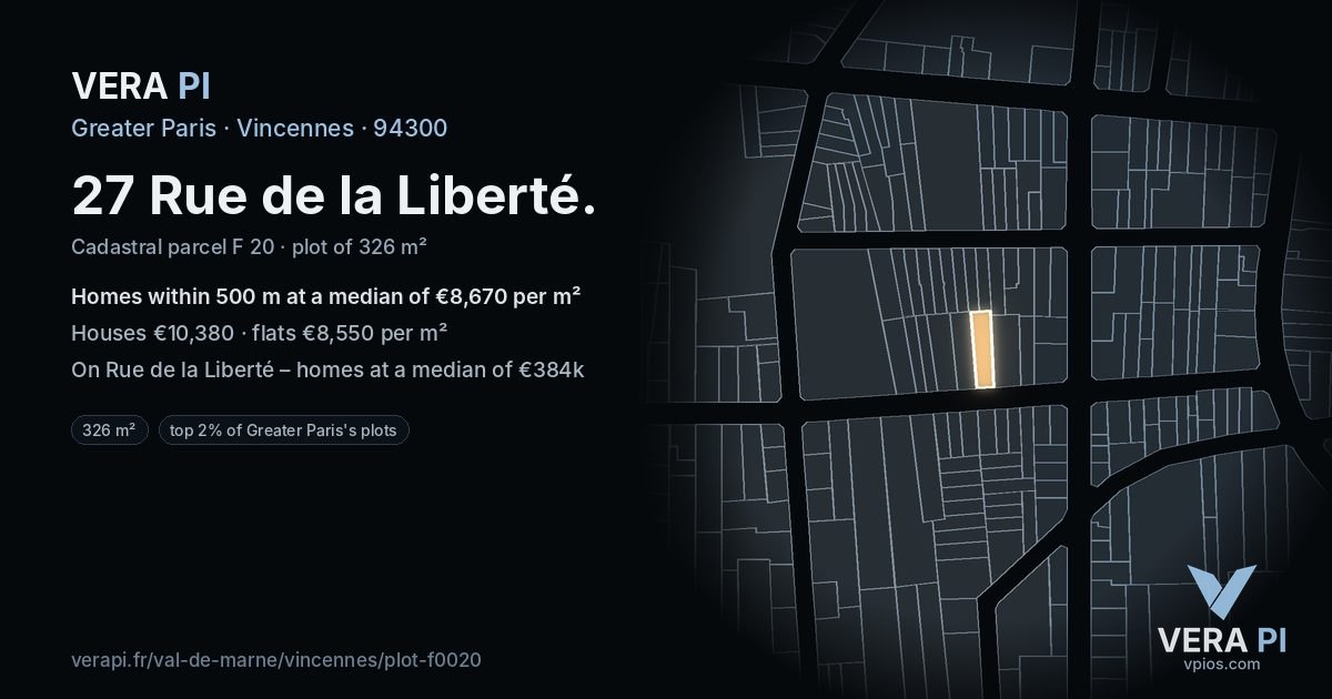 27 Rue de la Liberté, Vincennes at night – the plot lit, the parcels around coloured by the prices near them