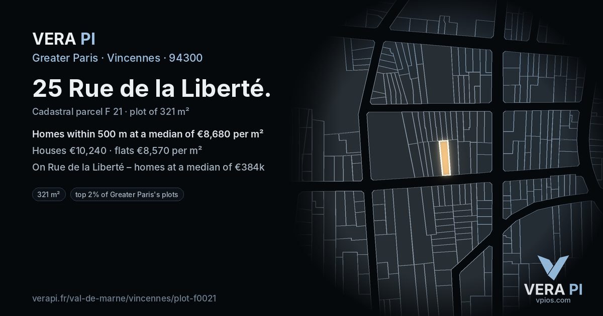 25 Rue de la Liberté, Vincennes at night – the plot lit, the parcels around coloured by the prices near them