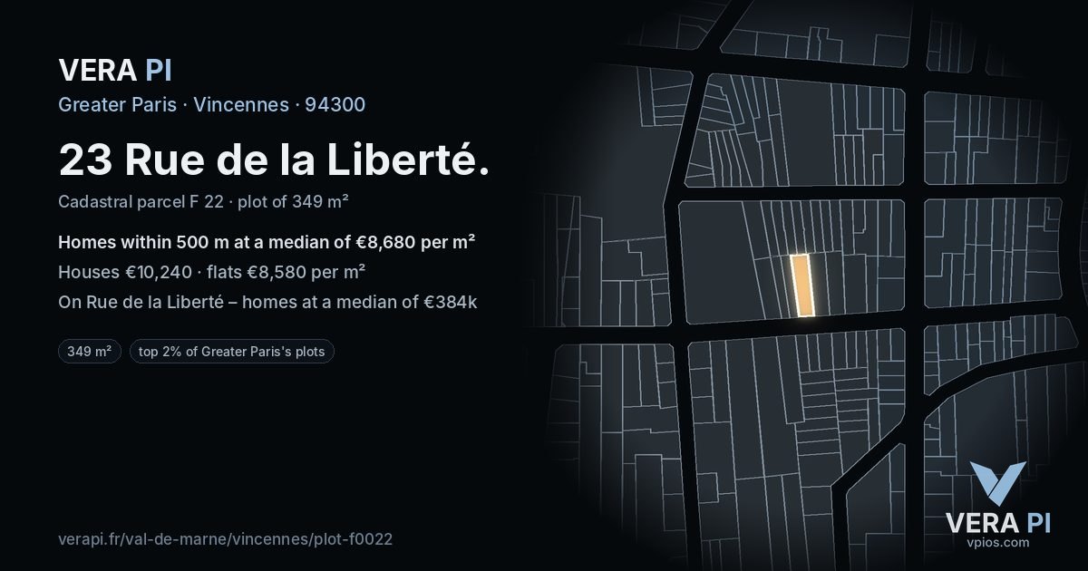 23 Rue de la Liberté, Vincennes at night – the plot lit, the parcels around coloured by the prices near them