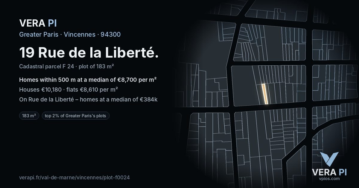19 Rue de la Liberté, Vincennes at night – the plot lit, the parcels around coloured by the prices near them