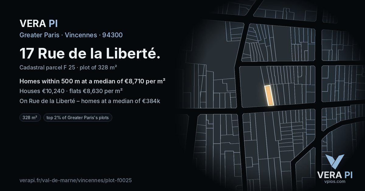 17 Rue de la Liberté, Vincennes at night – the plot lit, the parcels around coloured by the prices near them