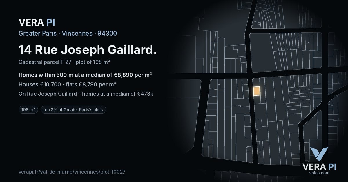 14 Rue Joseph Gaillard, Vincennes at night – the plot lit, the parcels around coloured by the prices near them