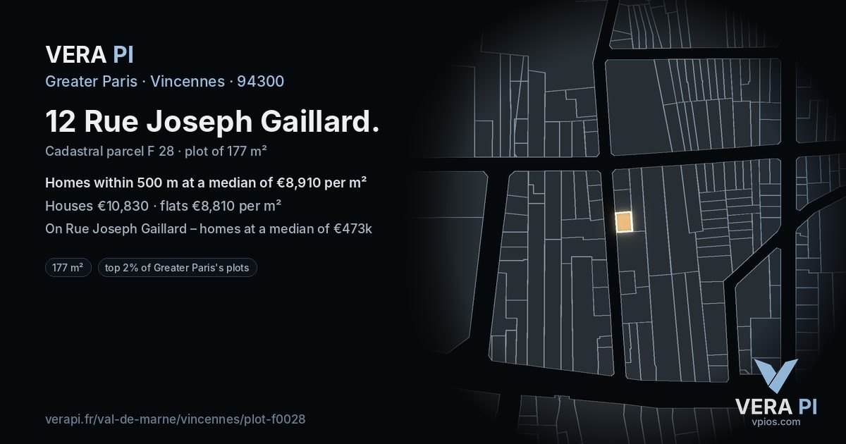 12 Rue Joseph Gaillard, Vincennes at night – the plot lit, the parcels around coloured by the prices near them