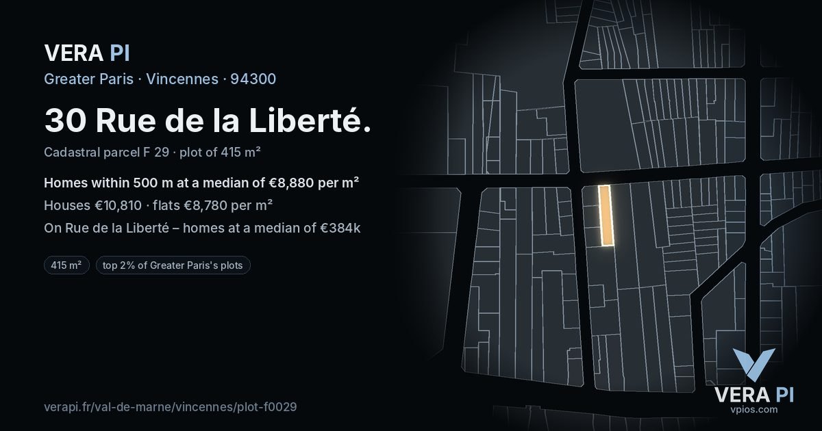 30 Rue de la Liberté, Vincennes at night – the plot lit, the parcels around coloured by the prices near them