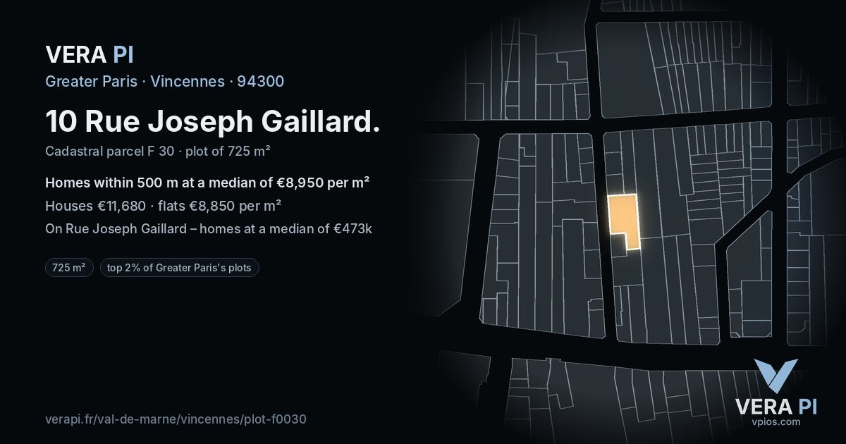 10 Rue Joseph Gaillard, Vincennes at night – the plot lit, the parcels around coloured by the prices near them