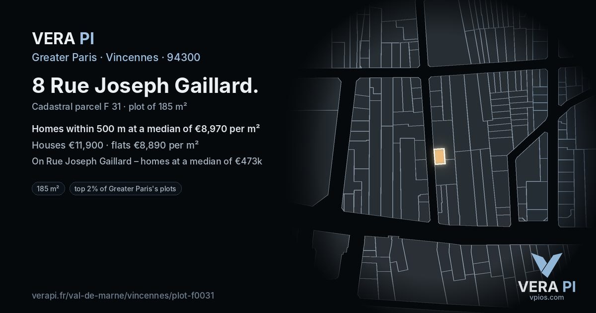 8 Rue Joseph Gaillard, Vincennes at night – the plot lit, the parcels around coloured by the prices near them
