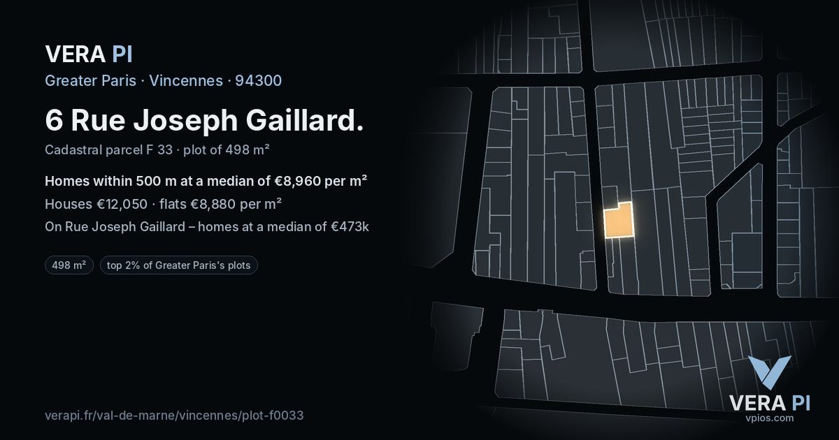 6 Rue Joseph Gaillard, Vincennes at night – the plot lit, the parcels around coloured by the prices near them