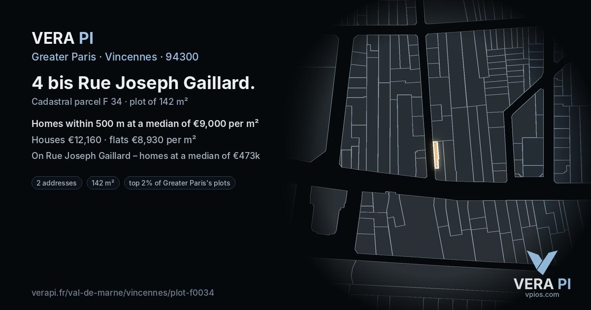 4 bis Rue Joseph Gaillard, Vincennes at night – the plot lit, the parcels around coloured by the prices near them
