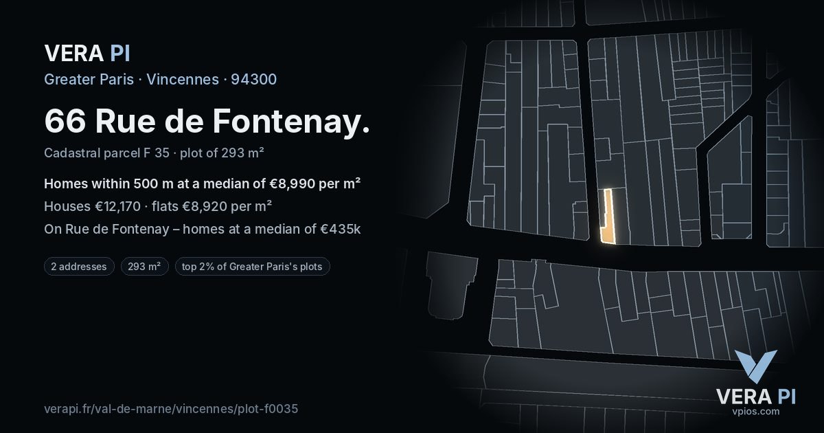 66 Rue de Fontenay, Vincennes at night – the plot lit, the parcels around coloured by the prices near them